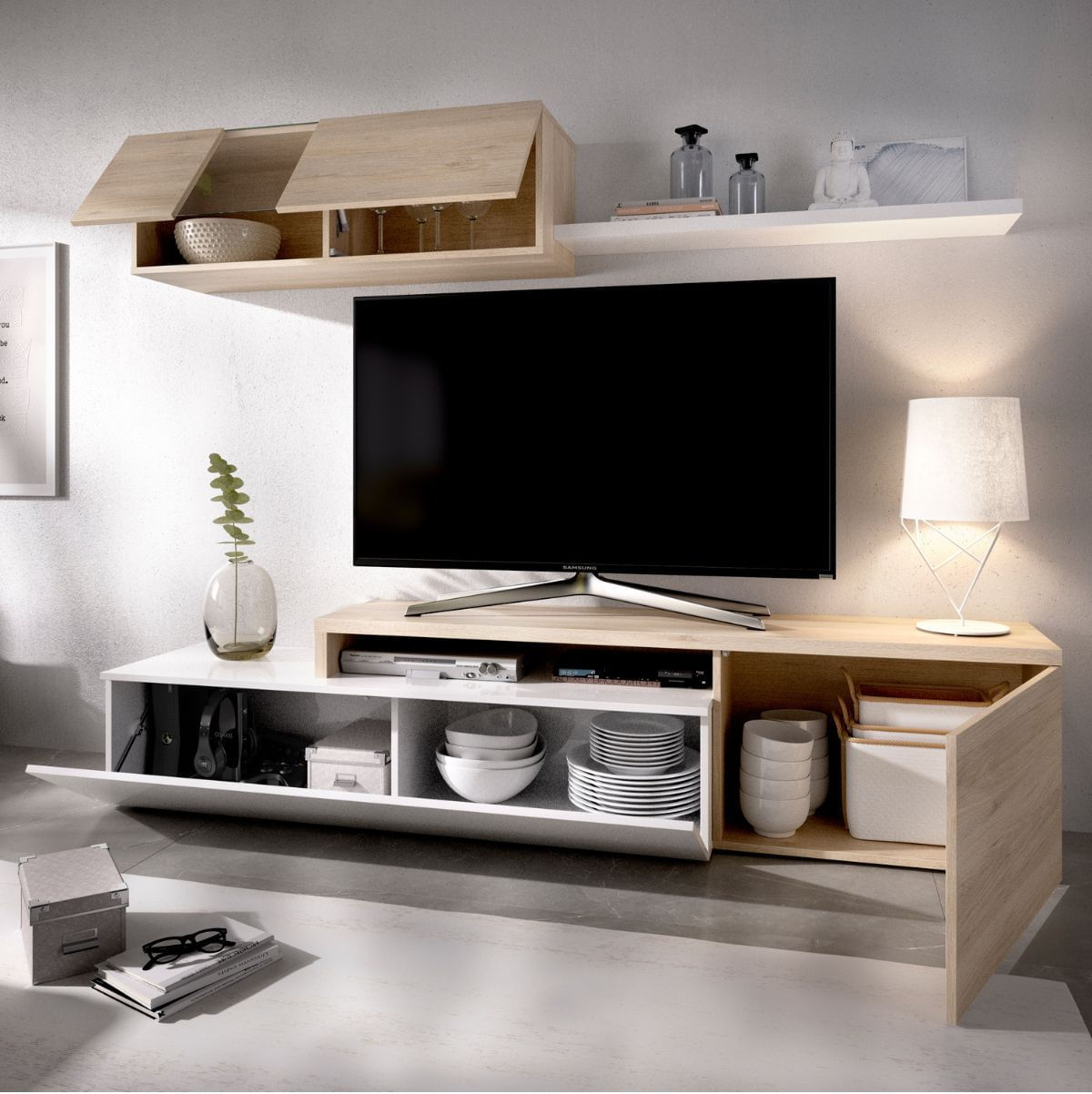 Composicion-de-salon-Elle-con-modulo-alto-y-mueble-de-TV-interior