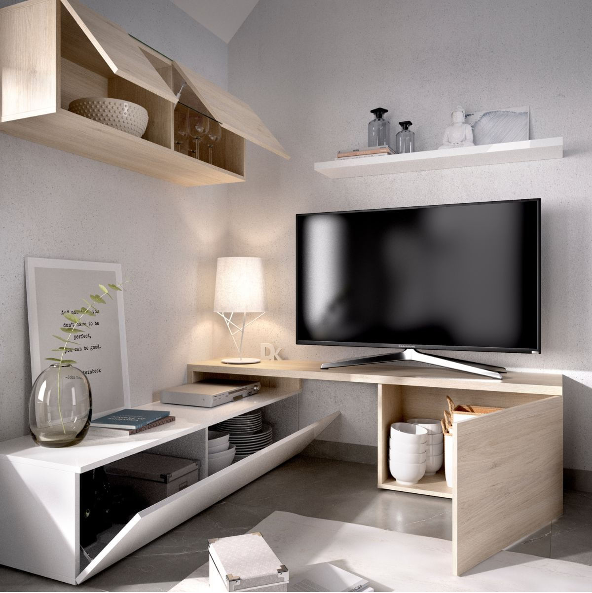 Composicion-de-salon-Elle-con-modulo-alto-y-mueble-de-TV-composicion-en-l