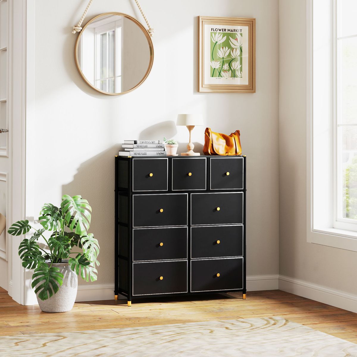 Comoda-Manchester-Homcom-9-cajones-negro-dorado-1035x88x30-cm-