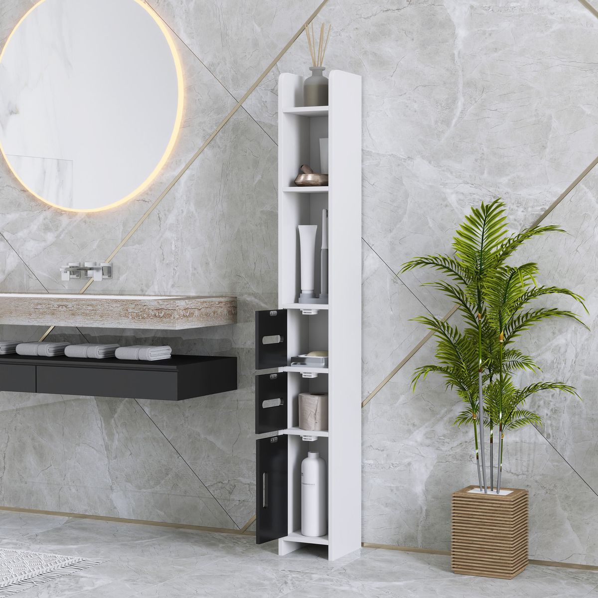 Columna-de-baño-Liana-Kleankin-3-puertas-y-3-estantes-blanco-negro-120x15x17-cm-lateral