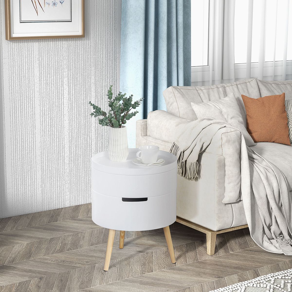Mesa-auxiliar-Ritual-Homcom-2-compartimentos-blanco-natural-Ø38x48-cm-ambientada