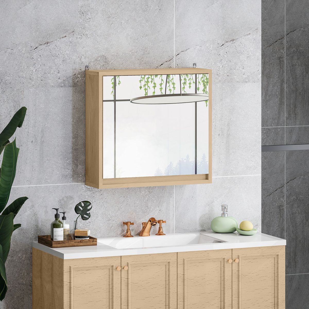 Armario-de-baño-Ricotta-Homcom-2-puertas-con-espejo-natural-45x48x145-cm