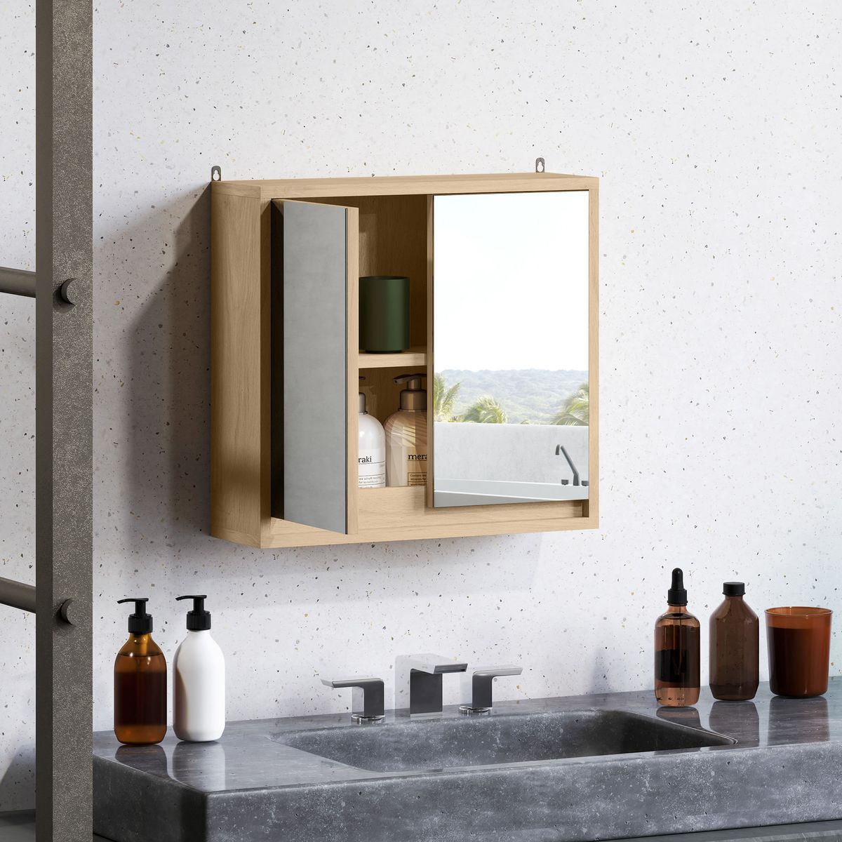 Armario-de-baño-Ricotta-Homcom-2-puertas-con-espejo-natural-45x48x145-cm-espejo
