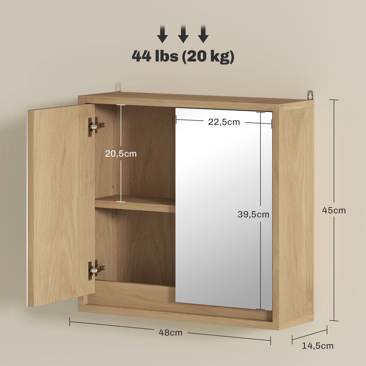 Armario-de-baño-Ricotta-Homcom-2-puertas-con-espejo-natural-45x48x145-cm-medidas