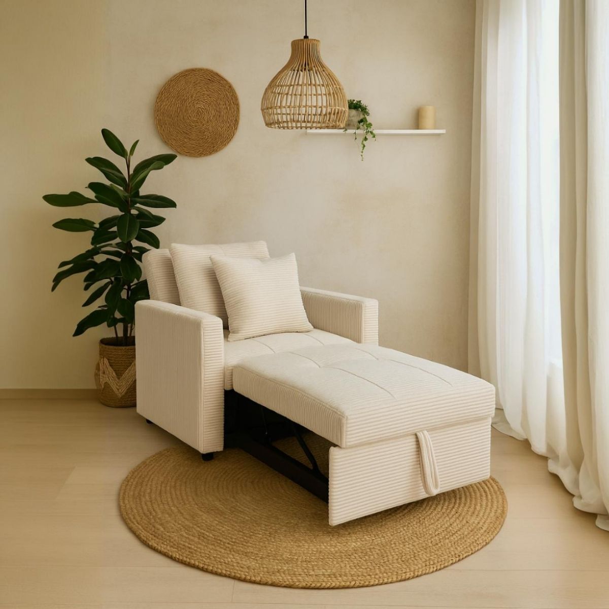 Sofa-cama-Corduroy-respaldo-reclinable-crema-88x99x99-cm-ambientada-cama