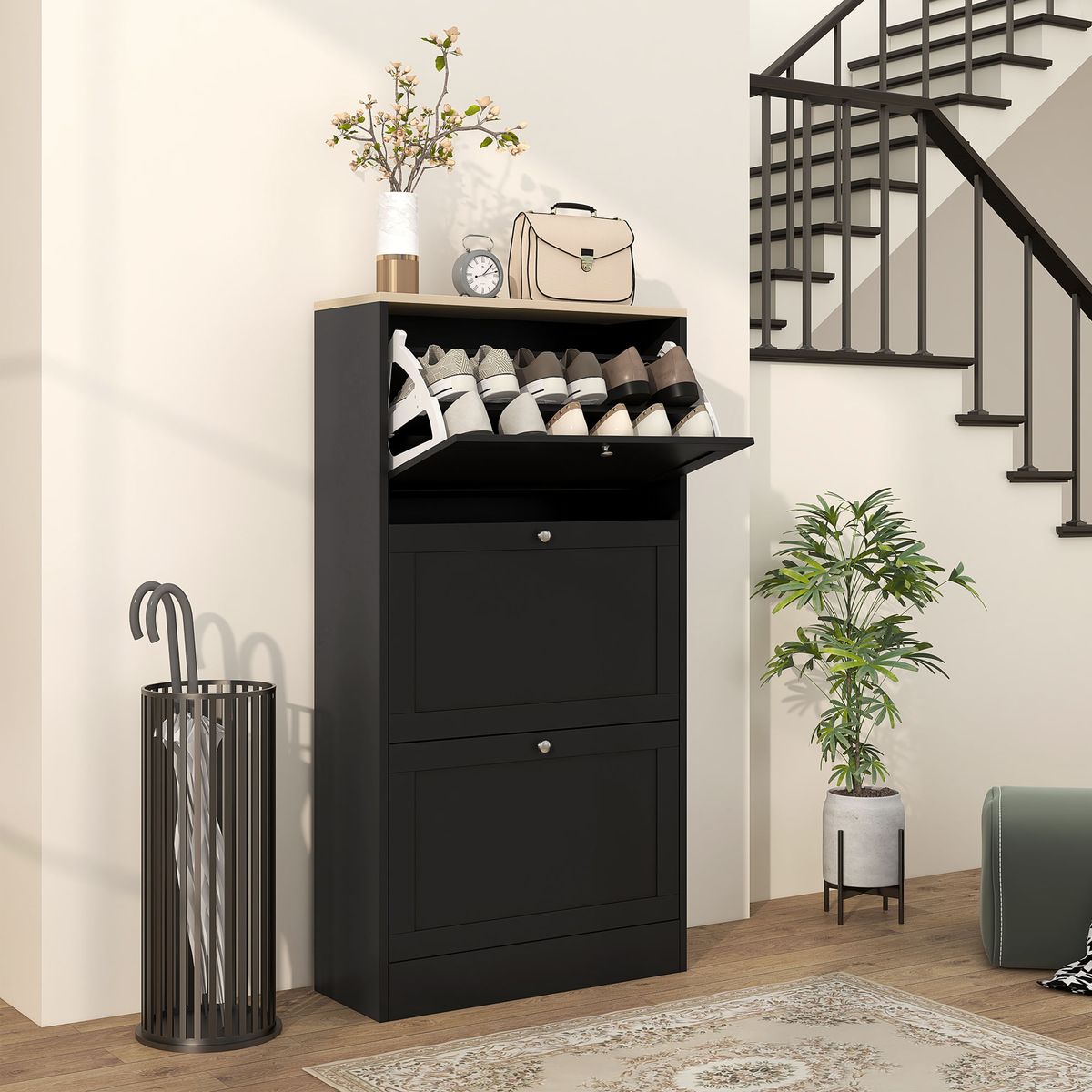 Zapatero-Mimbre-Homcom-3-cajones-abatibles-18-pares-negro-115x60x235-cm-interior