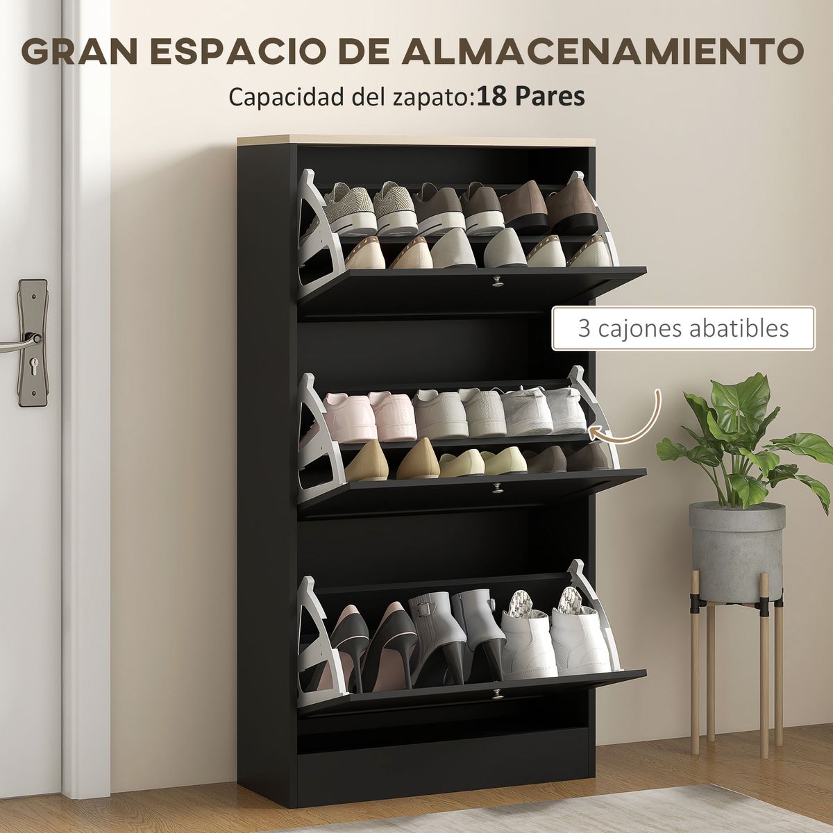 Zapatero-Mimbre-Homcom-3-cajones-abatibles-18-pares-negro-115x60x235-cm