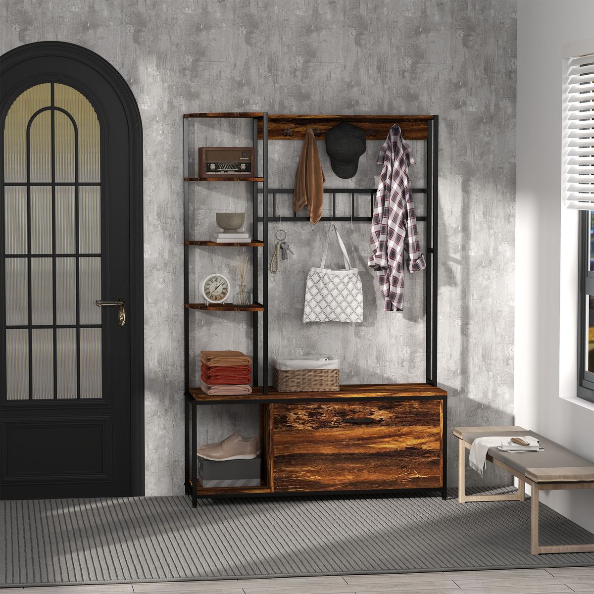 Perchero-zapatero-Prisma-Homcom-puerta-abatible-con-estantes-y-ganchos-marron-oscuro-180x120x35-cm-ambientada