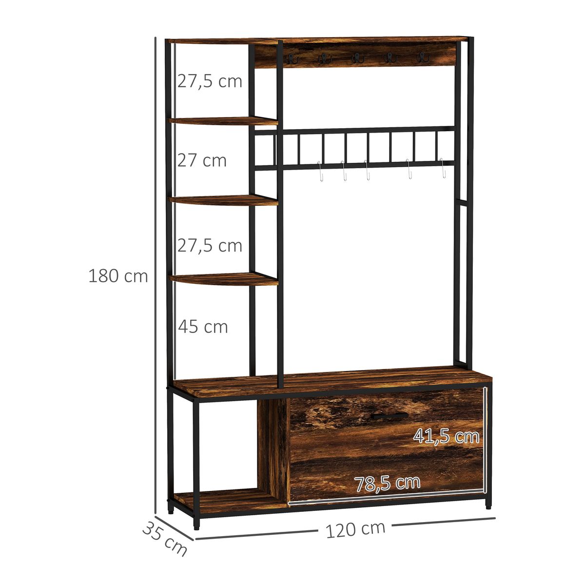 Perchero-zapatero-Prisma-Homcom-puerta-abatible-con-estantes-y-ganchos-marron-oscuro-180x120x35-cm-medidas
