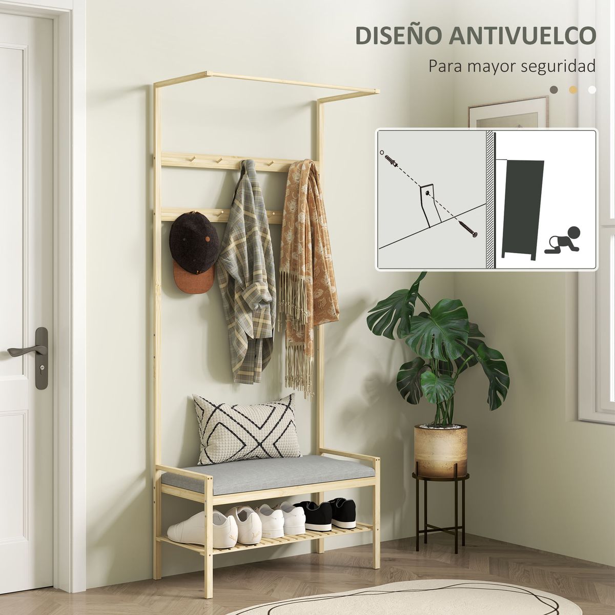 Perchero-zapatero-Nova-Homcom-ganchos-y-banco-gris-natural-171x735x34-cm