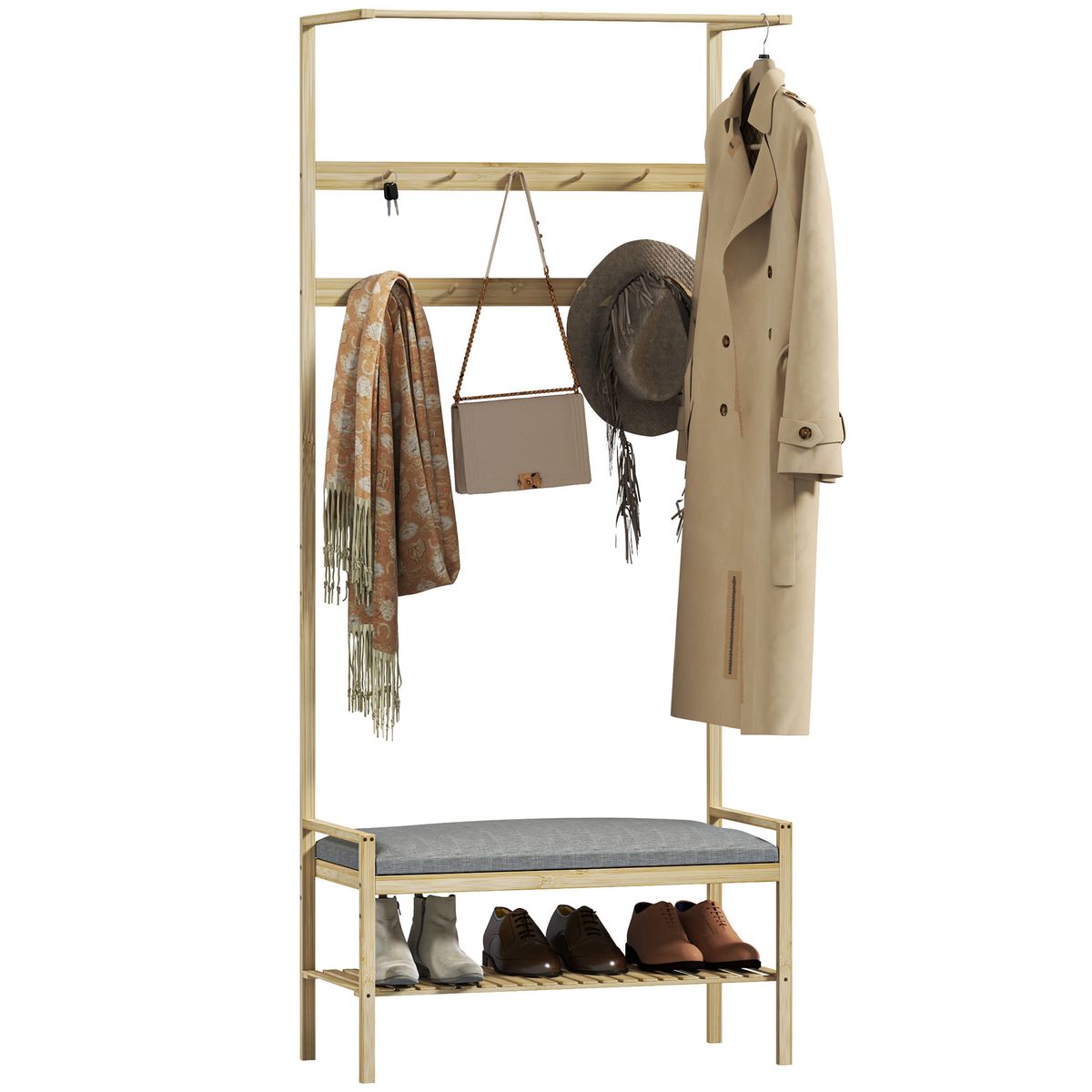 Perchero-zapatero-Nova-Homcom-ganchos-y-banco-gris-natural-171x735x34-cm