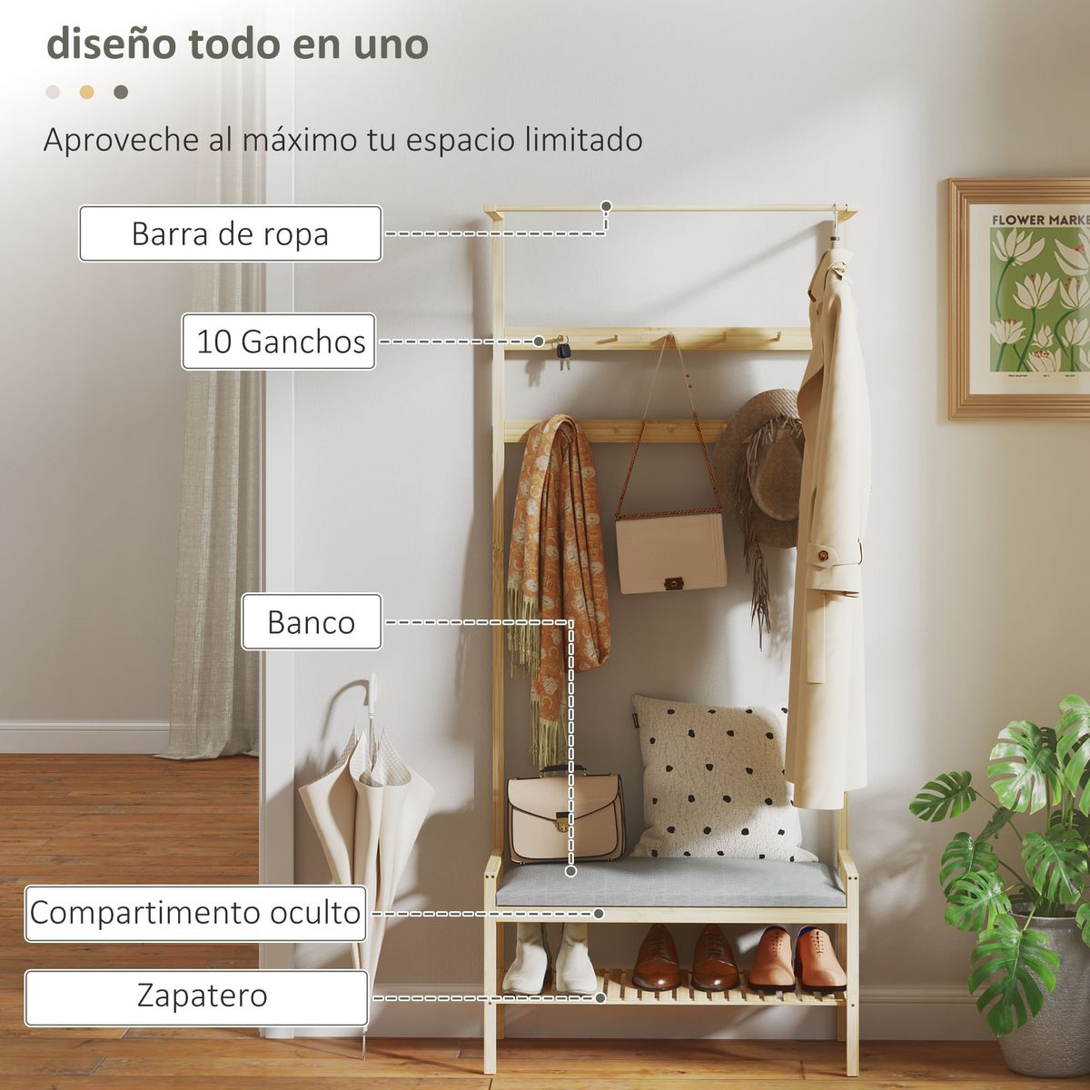 Perchero-zapatero-Nova-Homcom-ganchos-y-banco-gris-natural-171x735x34-cm