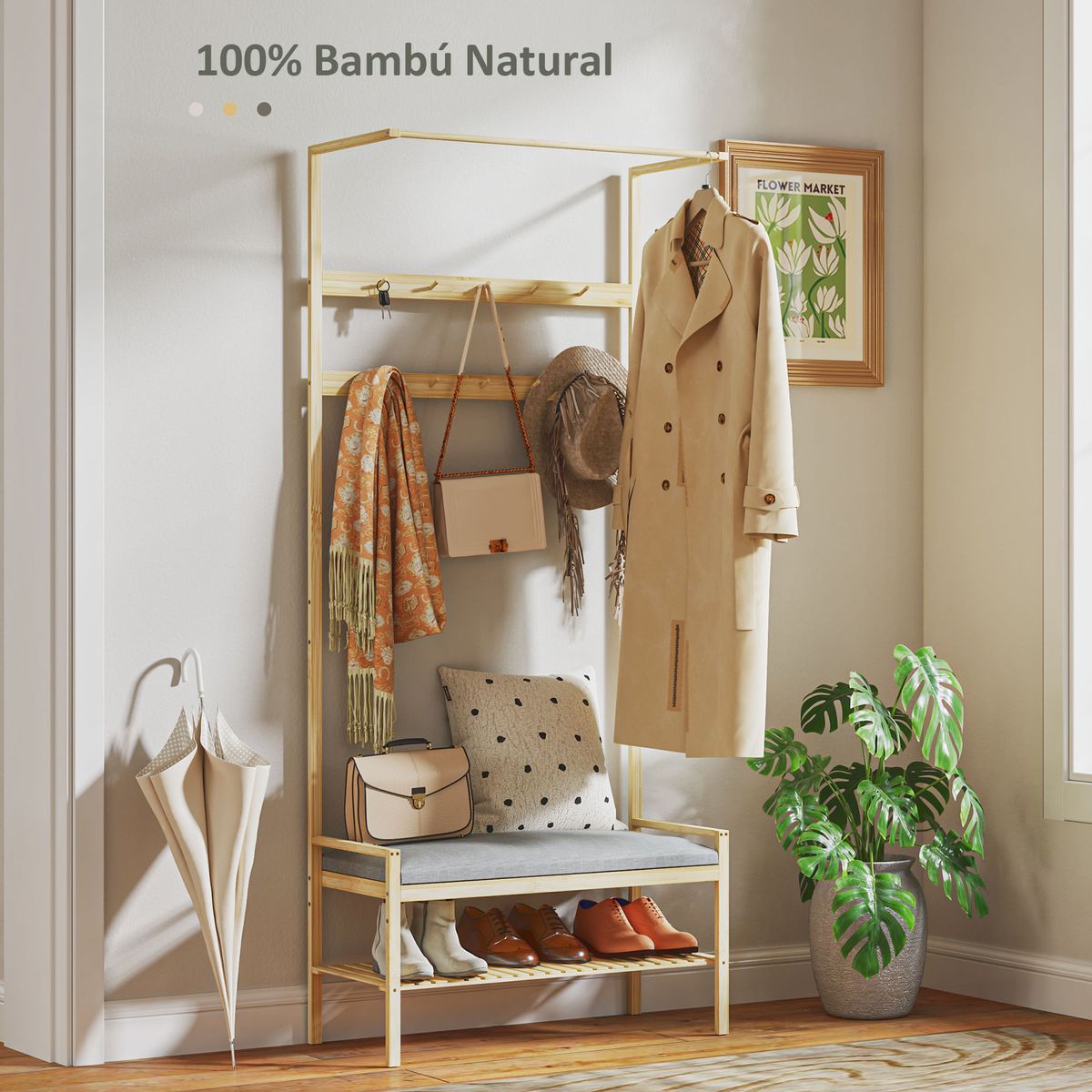 Perchero-zapatero-Nova-Homcom-ganchos-y-banco-gris-natural-171x735x34-cm