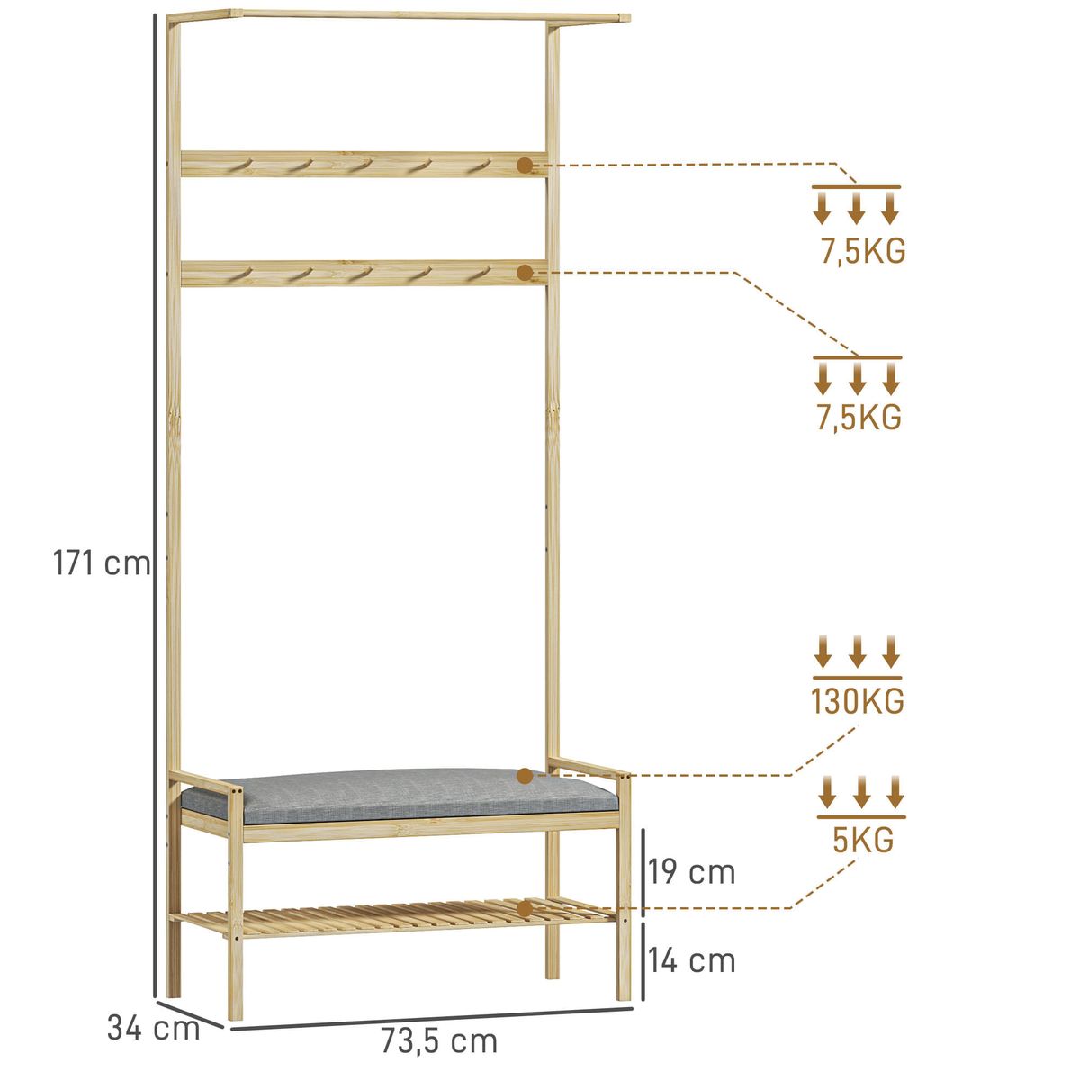 Perchero-zapatero-Nova-Homcom-ganchos-y-banco-gris-natural-171x735x34-cm-medidas