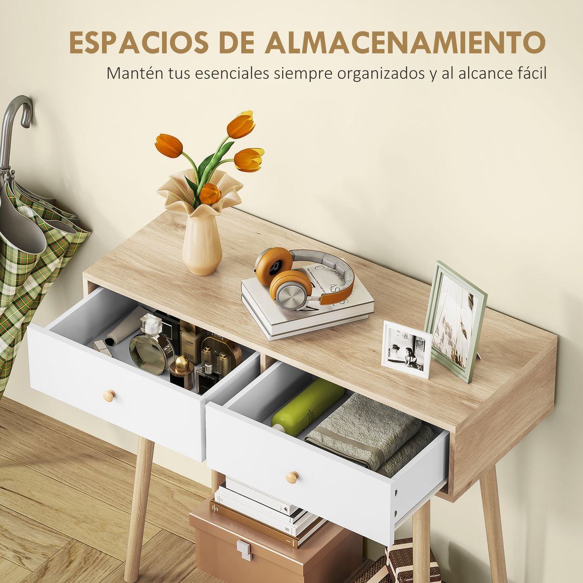 Consola-Axis-Homcom-con-2-cajones-natural-blanco-75x86x35-cm-interior