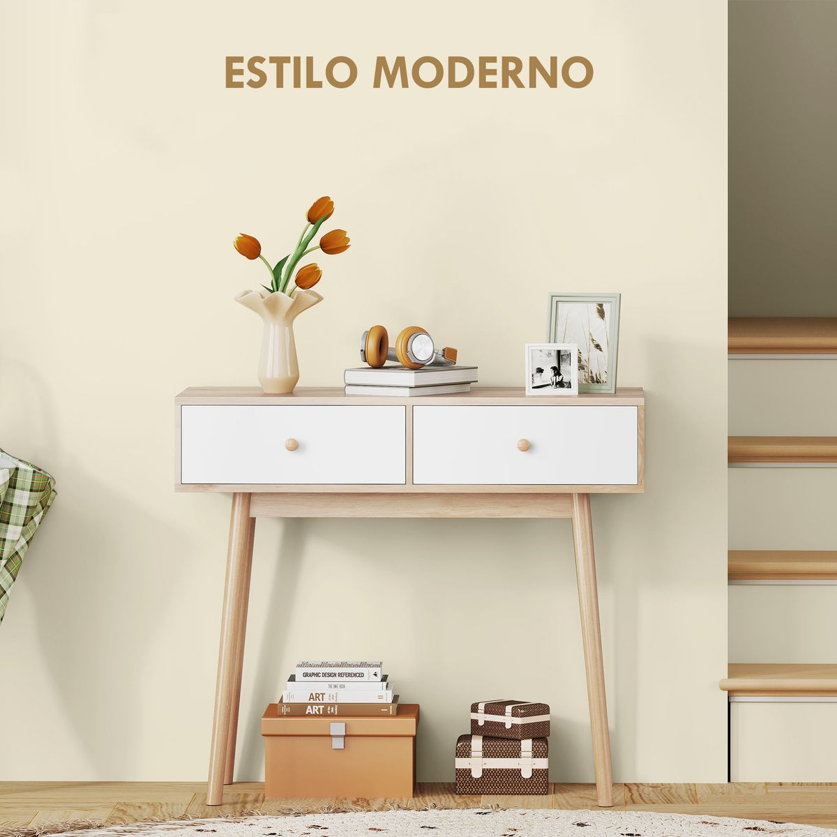 Consola-Axis-Homcom-con-2-cajones-natural-blanco-75x86x35-cm-frontal