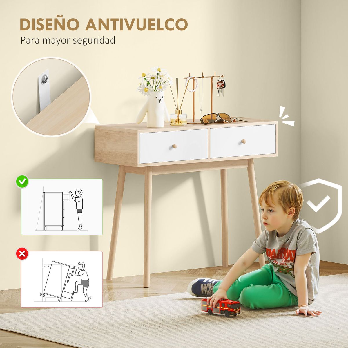Consola-Axis-Homcom-con-2-cajones-natural-blanco-75x86x35-cm