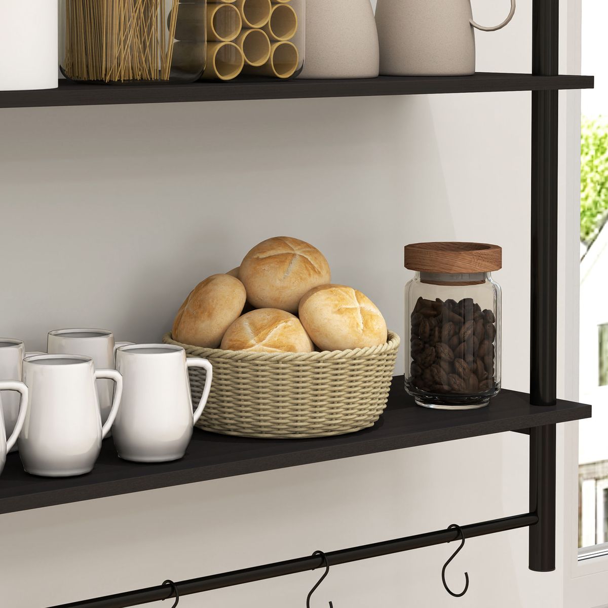 Estanteria-Vertice-Homcom-2-niveles-con-4-ganchos-negro-65x80x24-cm-detalle