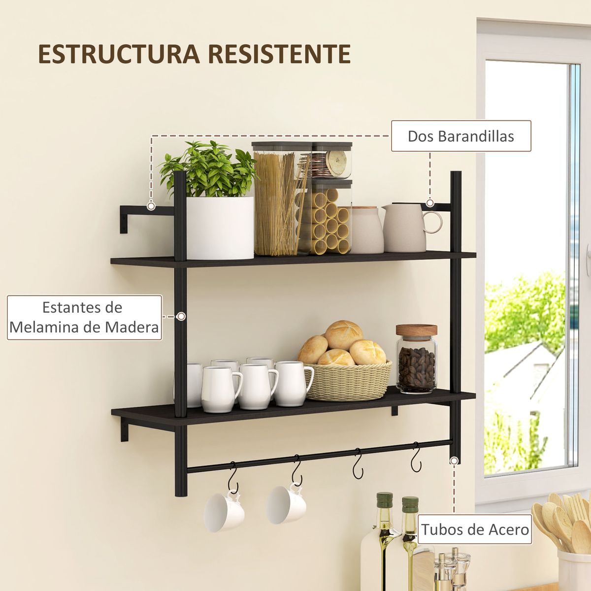 Estanteria-Vertice-Homcom-2-niveles-con-4-ganchos-negro-65x80x24-cm