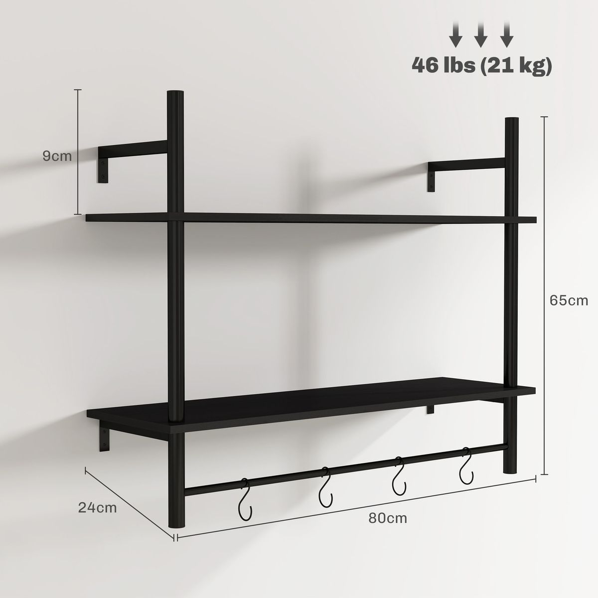 Estanteria-Vertice-Homcom-2-niveles-con-4-ganchos-negro-65x80x24-cm-medidas