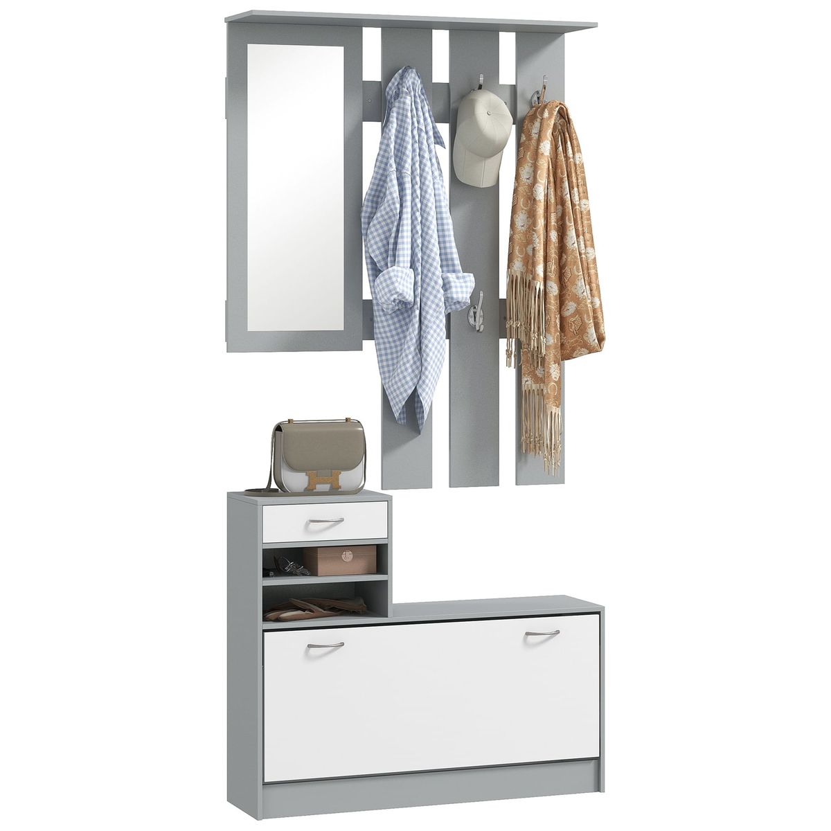 Recibidor-Linea-Homcom-espejo-con-ganchos-y-zapatero-gris--fondo-blanco-market