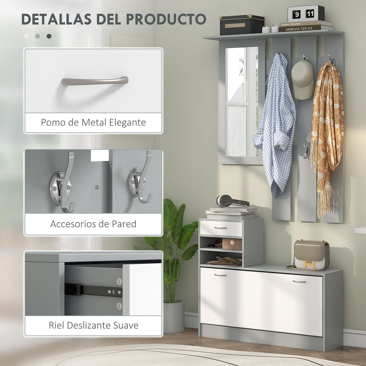 Recibidor-Linea-Homcom-espejo-con-ganchos-y-zapatero-gris-caracteristicas