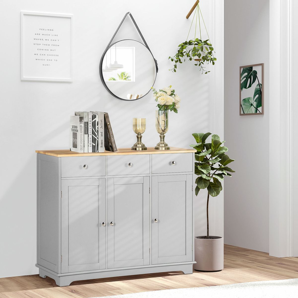 Aparador-Refugio-Homcom-3-puertas-con-3-cajones-gris-85x101x40-cm-ambientada