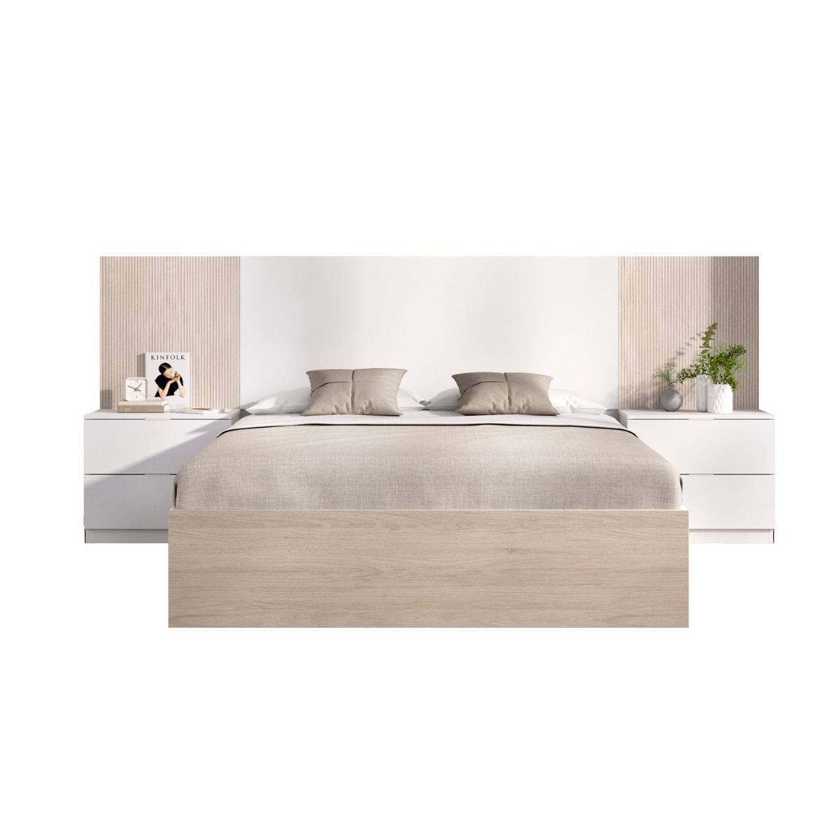 Conjunto-de-dormitorio-Pack-Loma-2-cabecero---mesita---aro---comoda-blanco-natural-frontal