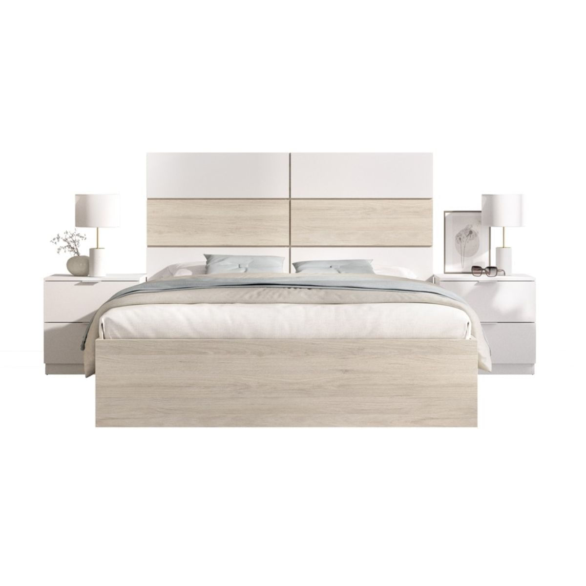 Conjunto-de-dormitorio-Astra-cabecero---2-mesitas-de-noche---aro-natural-blanco-121x259x195-cm-frontal