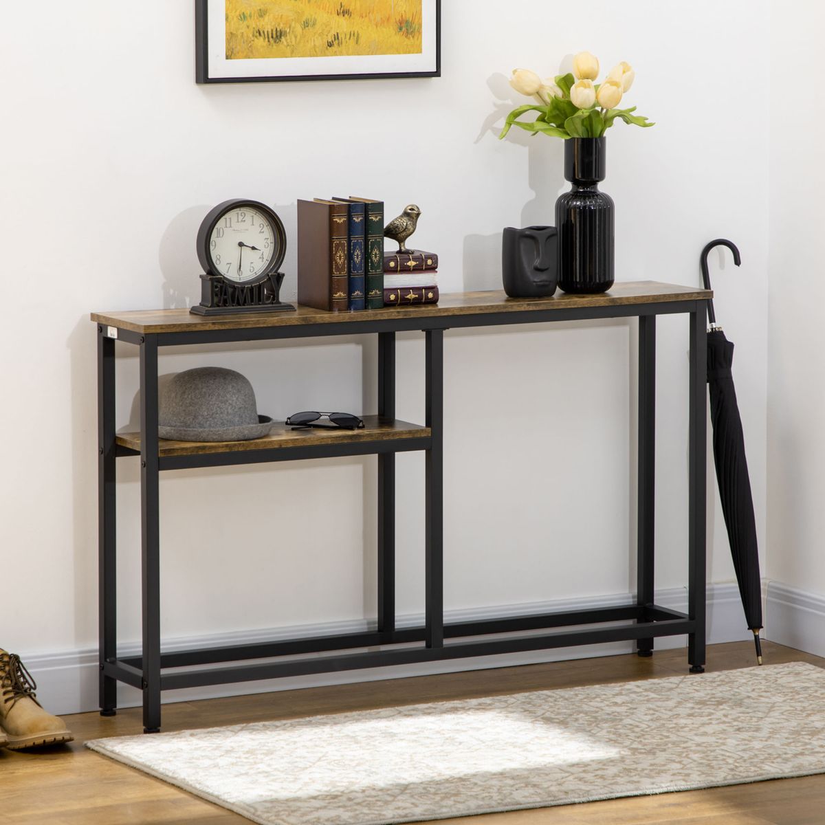 Consola-Nido-Homcom-con-estante-marron-75x120x23-cm-ambientada