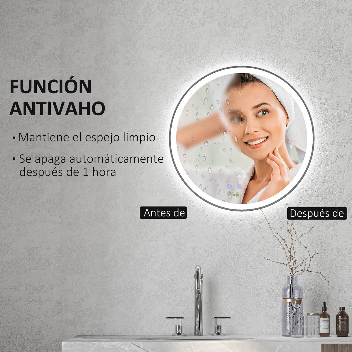 Espejo-Corcega-Kleankin-con-luz-LED-antivaho-plata-Ø60-cm