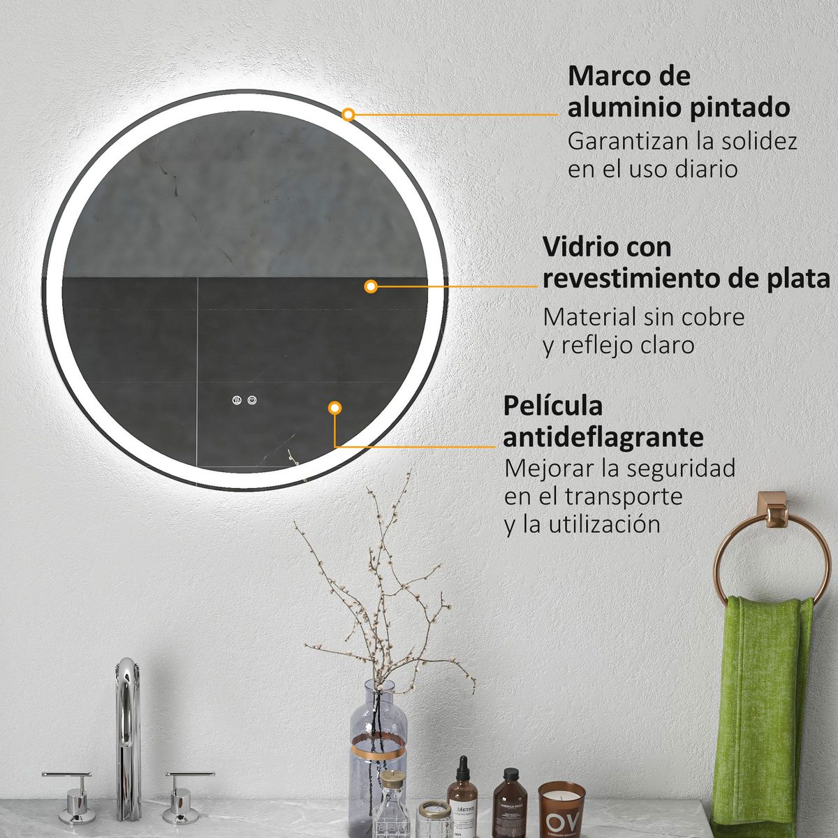 Espejo-Corcega-Kleankin-con-luz-LED-antivaho-plata-Ø60-cm