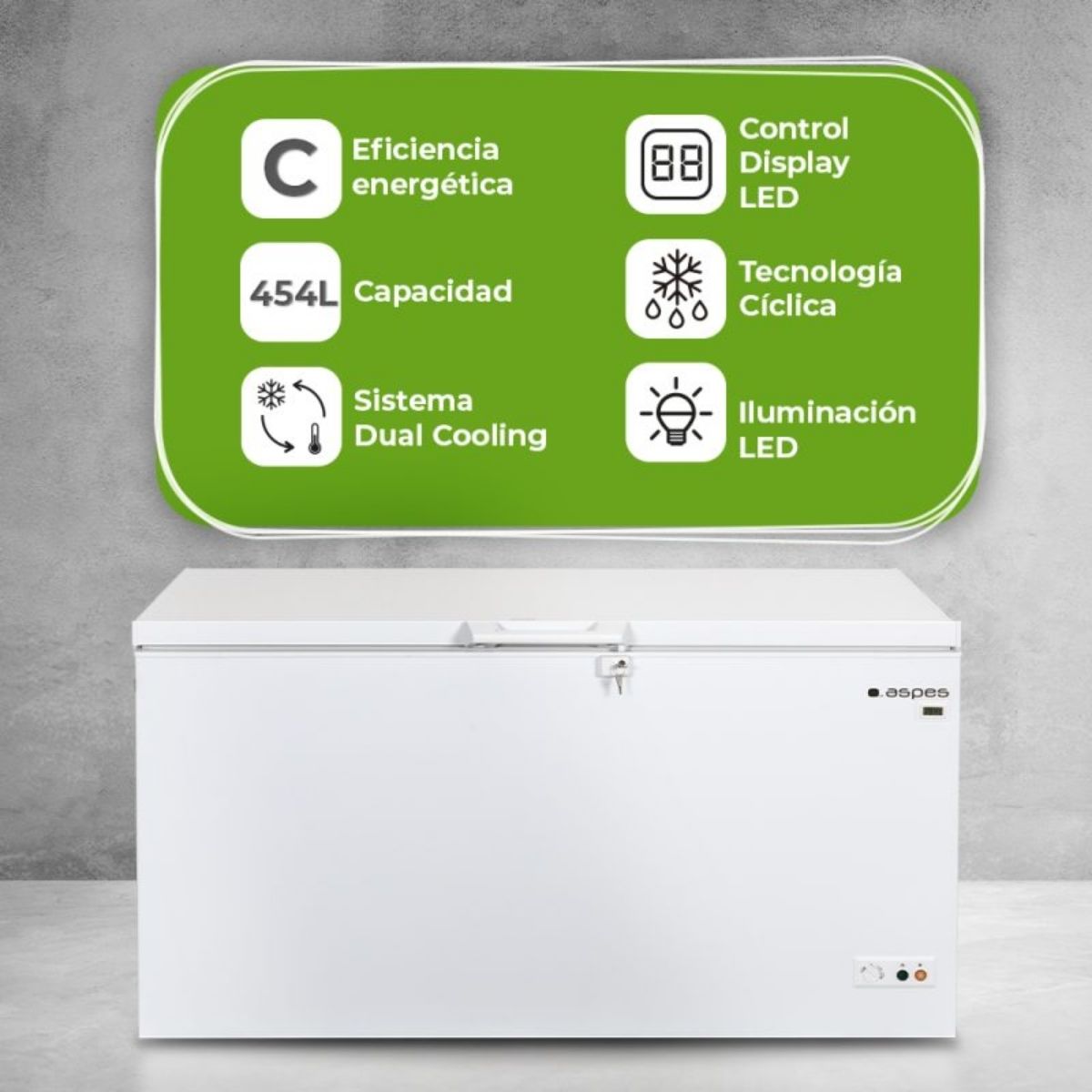 Congelador-horizontal-Aspes-ACH4600CDC-Dual-Cooling-ciclico-454L-C-blanco-1492-cm-caracteristicas