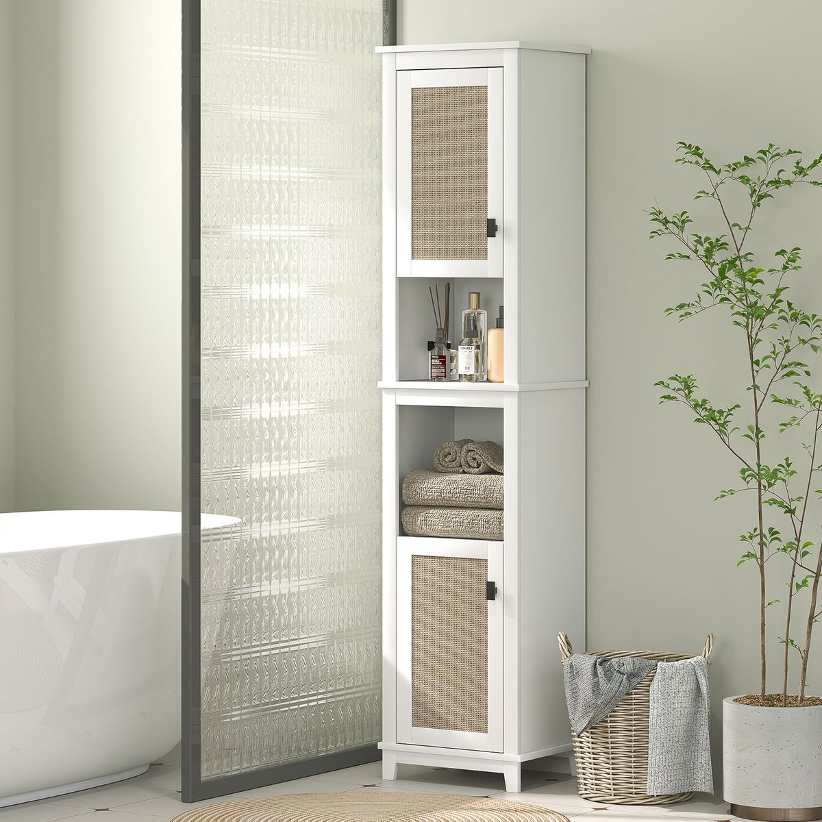 Columna-de-baño-Sahara-Homcom-2-puertas-con-2-compartimentos-blanco-natural-1675x40x30-cm-ambientada