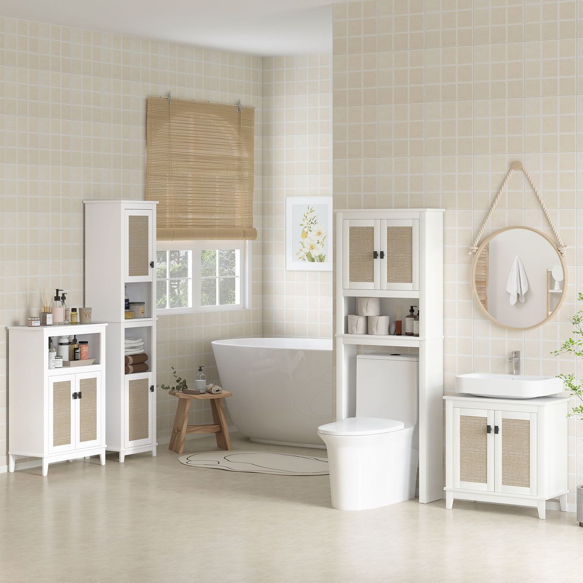 Columna-de-baño-Sahara-Homcom-2-puertas-con-2-compartimentos-blanco-natural-1675x40x30-cm-ambientada-dos