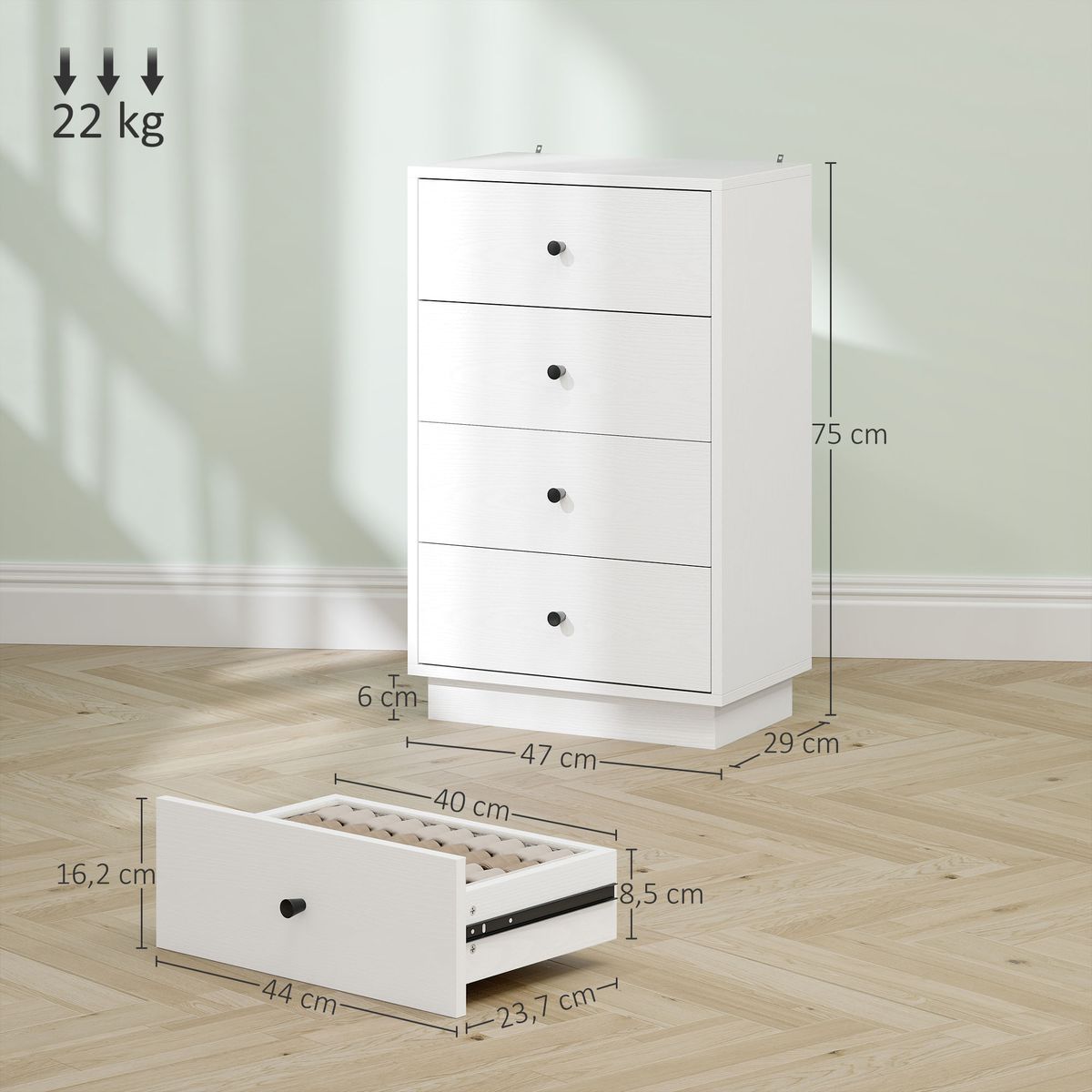 Comoda-Dakar-Homcom-4-cajones-blanco-75x47x29-cm-medidas