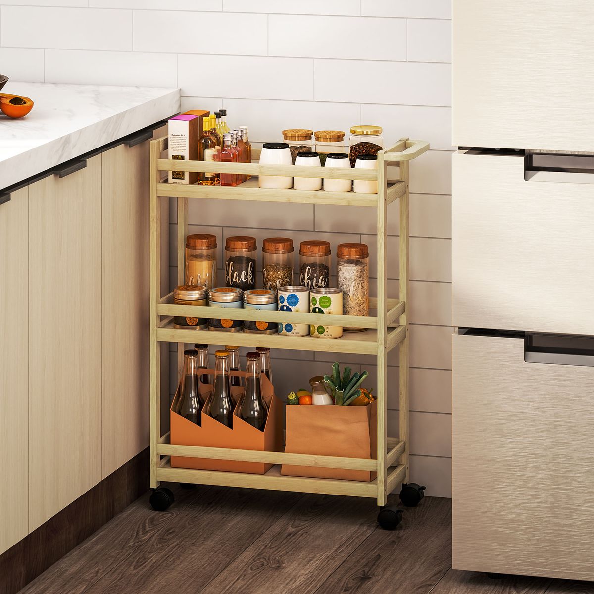 Carrito-auxiliar-Cover-Homcom-3-niveles-con-ruedas-natural-75x55x20-cm-ambientada