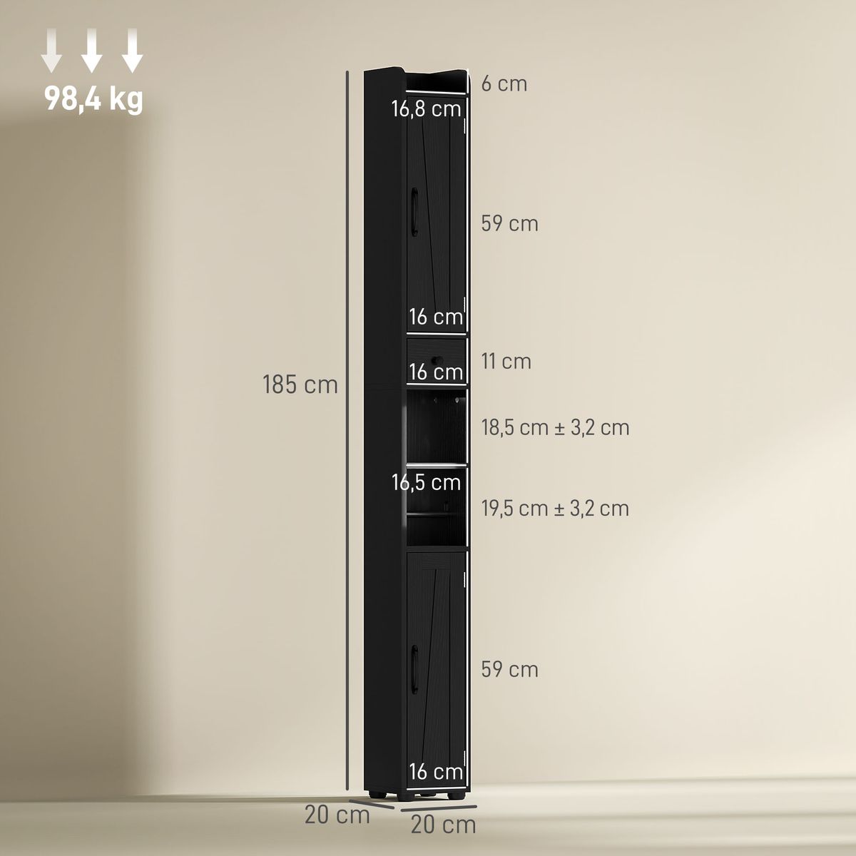 Columna-de-baño-Over-Homcom-2-puertas-con-portarrollos-negro-185x20x20-cm-medidas