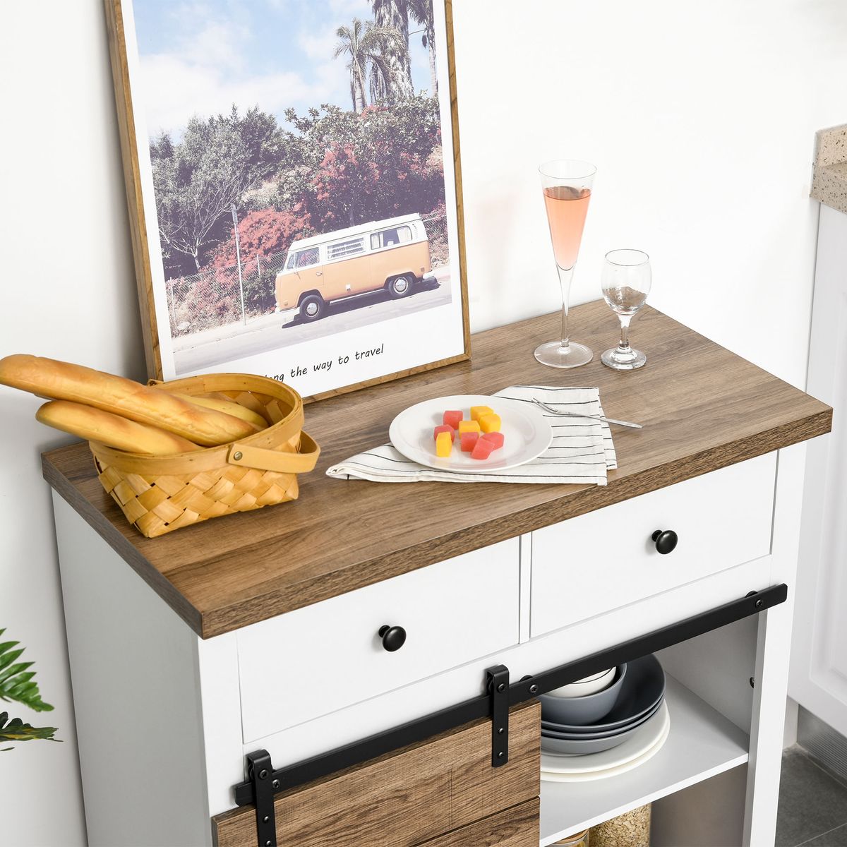Mueble-auxiliar-Cross-Homcom-puerta-corredera-con-botellero-y-2-cajones-blanco-natural-86x80x39-cm-detalle