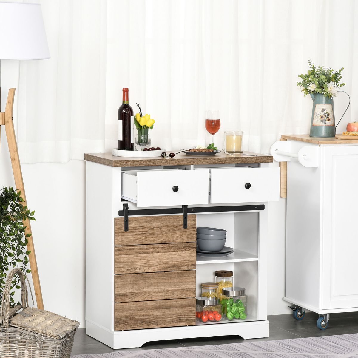 Mueble-auxiliar-Cross-Homcom-puerta-corredera-con-botellero-y-2-cajones-blanco-natural-86x80x39-cm-ambientada-frontal