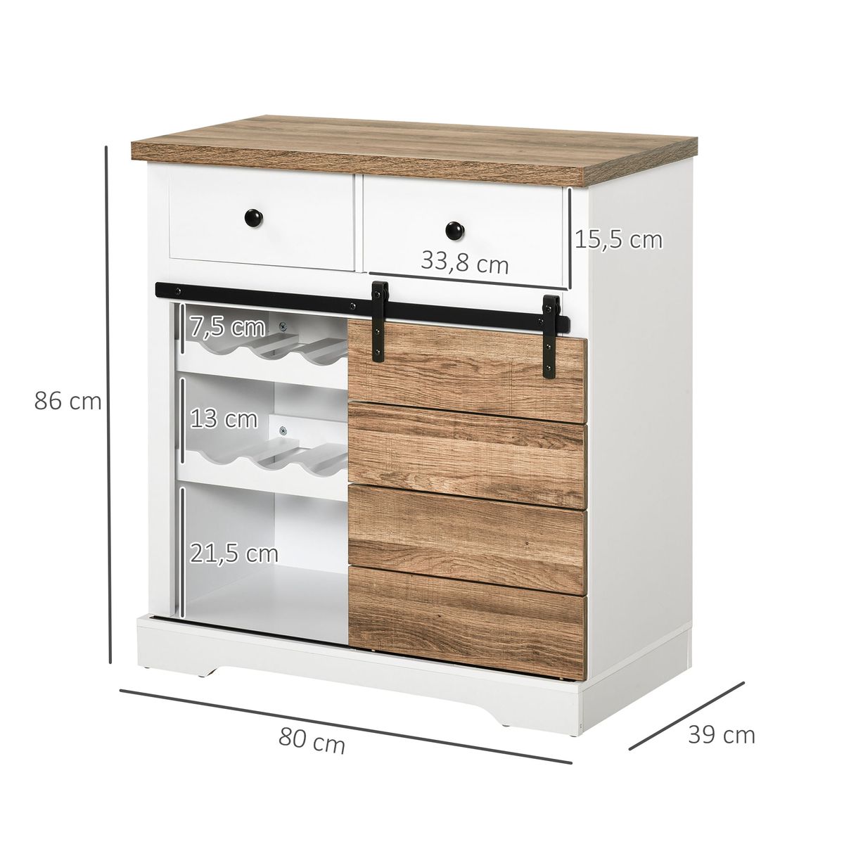 Mueble-auxiliar-Cross-Homcom-puerta-corredera-con-botellero-y-2-cajones-blanco-natural-86x80x39-cm-medidas