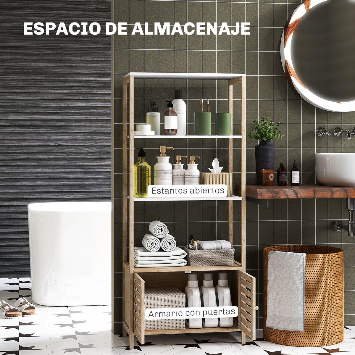 Estanteria-de-baño-Nalya-Homcom-de-bambu-natural-138x63x30-cm