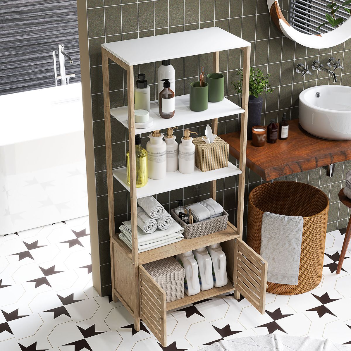 Estanteria-de-baño-Nalya-Homcom-de-bambu-natural-138x63x30-cm