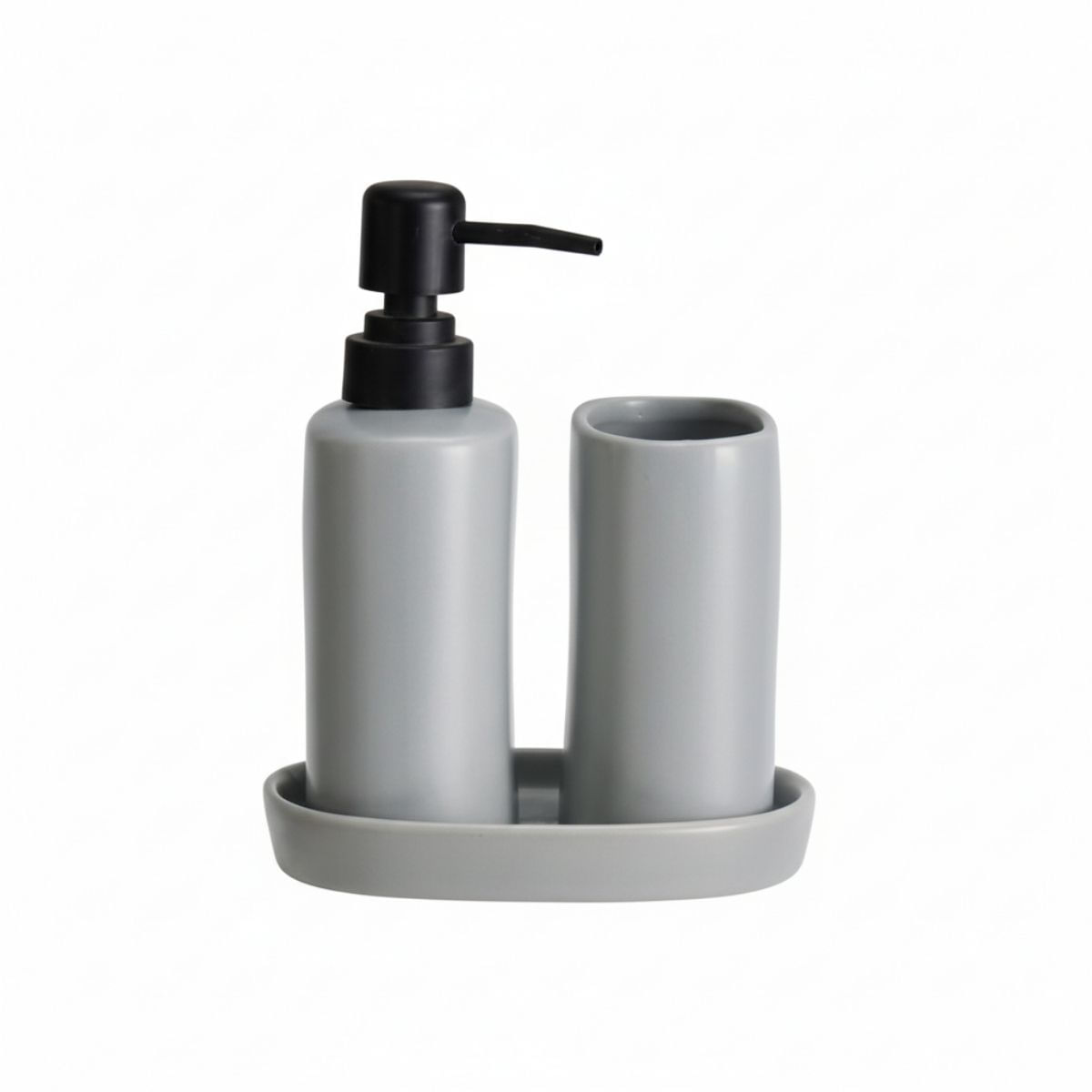 Set-de-baño-Aqua-3-piezas-dispensador-jabonera-y-vaso-gris-fondo-blanco