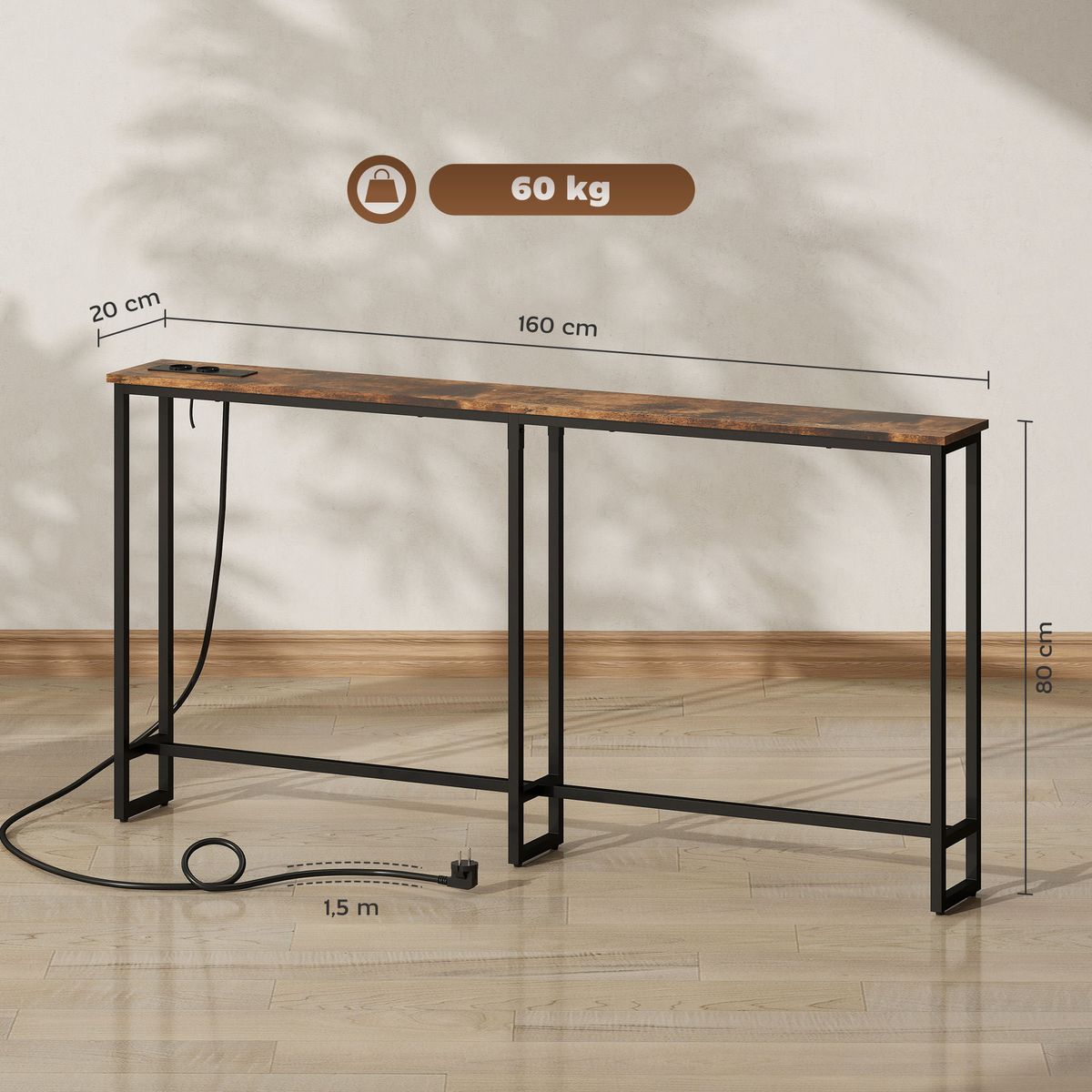 Consola-Rowan-Homcom-estrecha-marron-rustico-80x20x160-cm