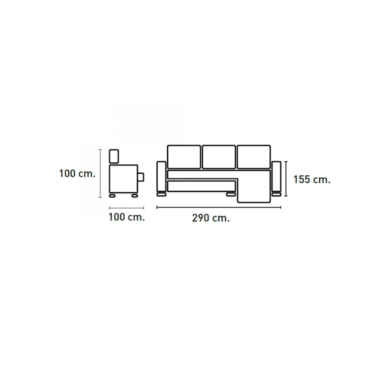 Sofa-chaiselongue-Ares-3-plazas-con-arcon-y-2-taburetes-tela-nevada-antracita-frente-derecha-medidas