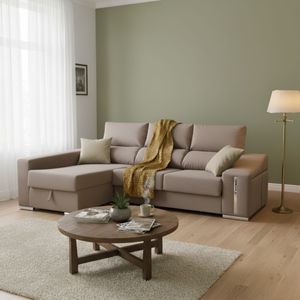 Sofá chaiselongue Ares 3 plazas con arcón y 2 taburetes tela nevada