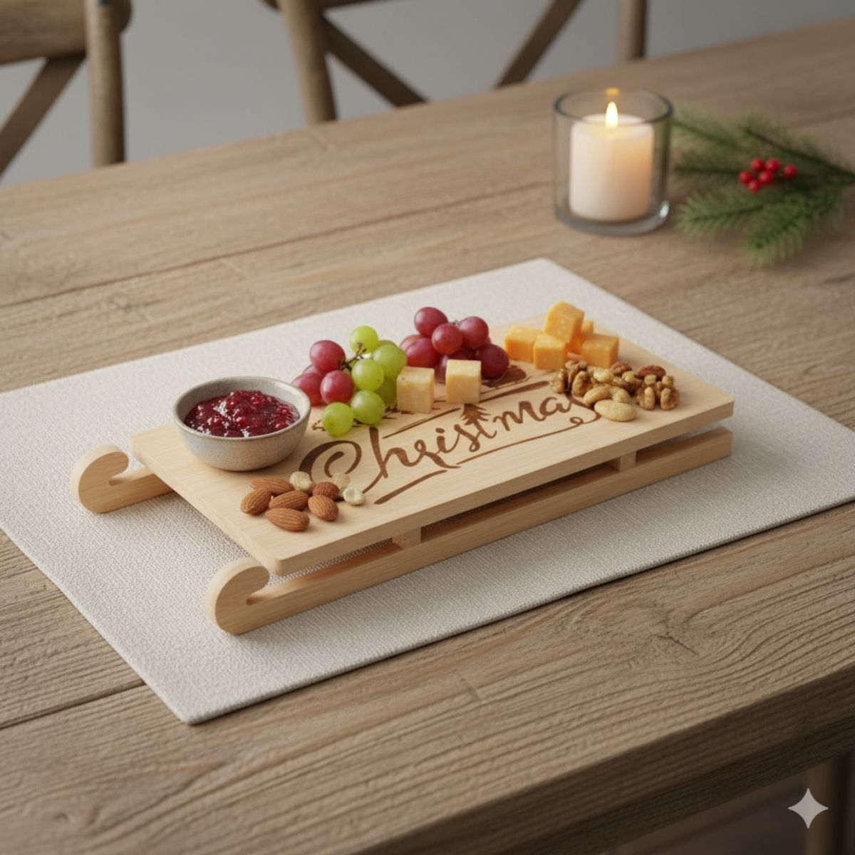 Bandeja-de-aperitivos-navideña-diseño-trineo-natural-ambientada-mesa