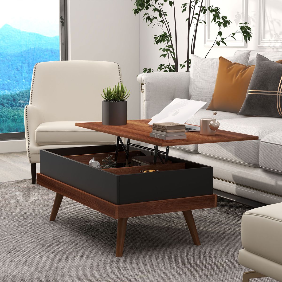 Mesa-de-centro-elevable-Elora-Homcom-3-Compartimientos-marron-negro-54x100x79-cm