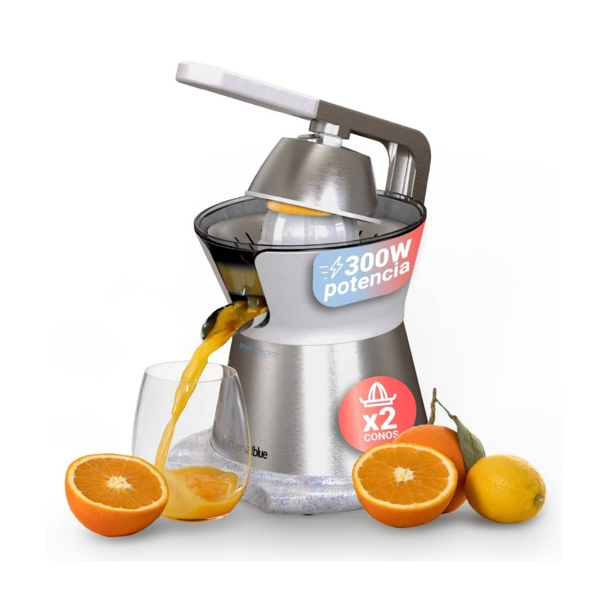 Exprimidor-de-brazo-Juicy-Plus-Universal-Blue-300W-2-conos-blanco-potencia